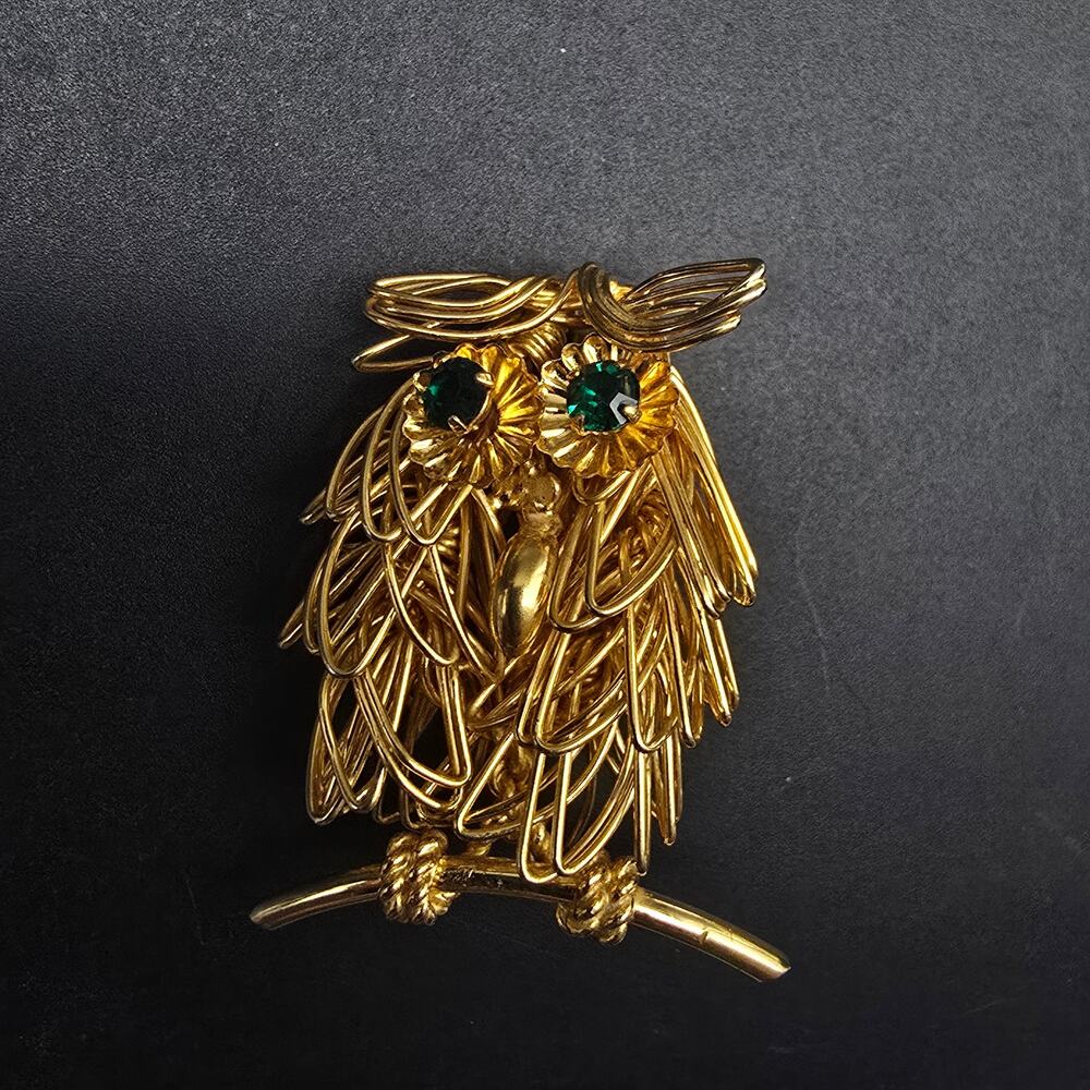 Elegant Gold Owl Brooch with Green Accents